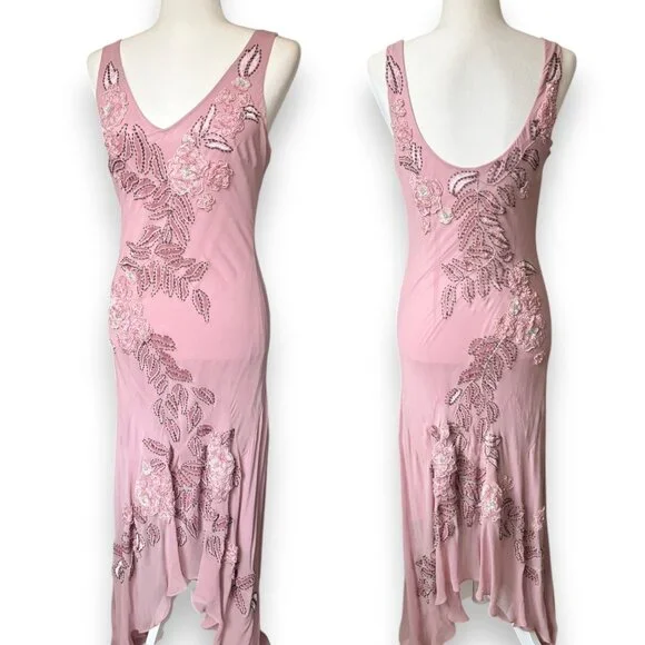 Vintage Sue Wong Silk Beaded Midi Maxi Gown 8 Blush Pink Y2K Fairy Floral Prom - Picture 2 of 10